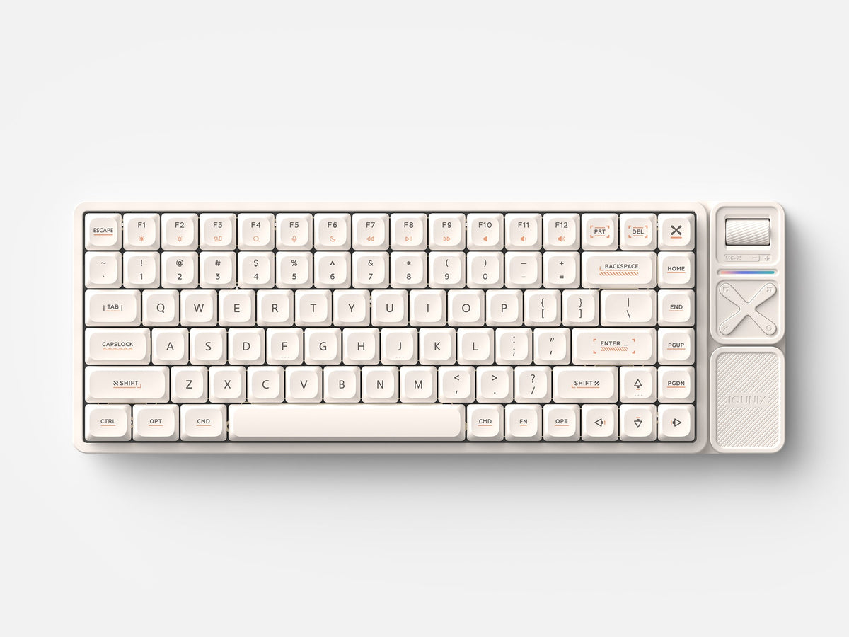 IQUNIX Magi75 Pro in Ochre White with media keys and knob, top view