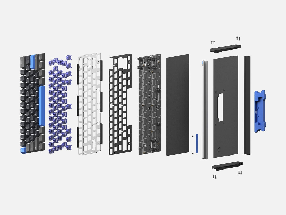 Exploded view of the EZ63 showing case, plate, switches and keycaps