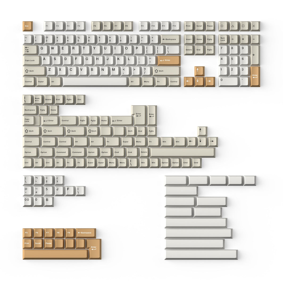 Keychron Cherry Profile Double-Shot PBT 218-key set in Camel, all keys laid out