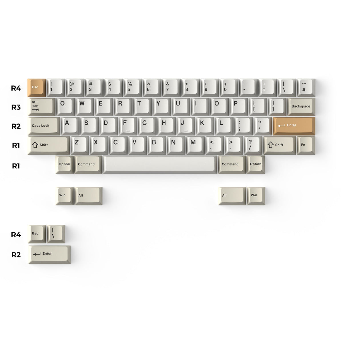 Camel keycaps arranged in a 60% layout, labelled by row