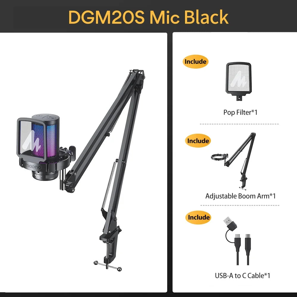MAONO DGM20S set in Black: microphone, boom arm, pop filter and USB-A to C cable