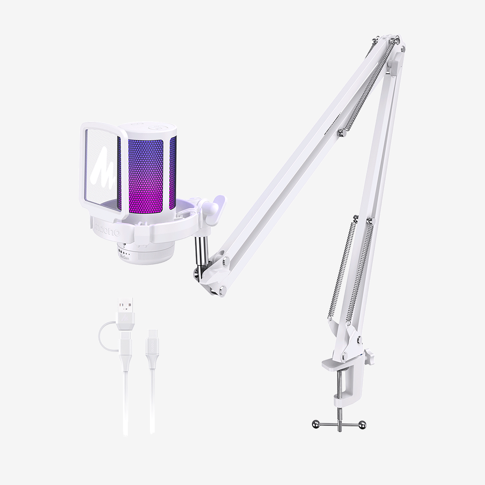 MAONO DGM20S microphone in White on its boom arm with USB cable