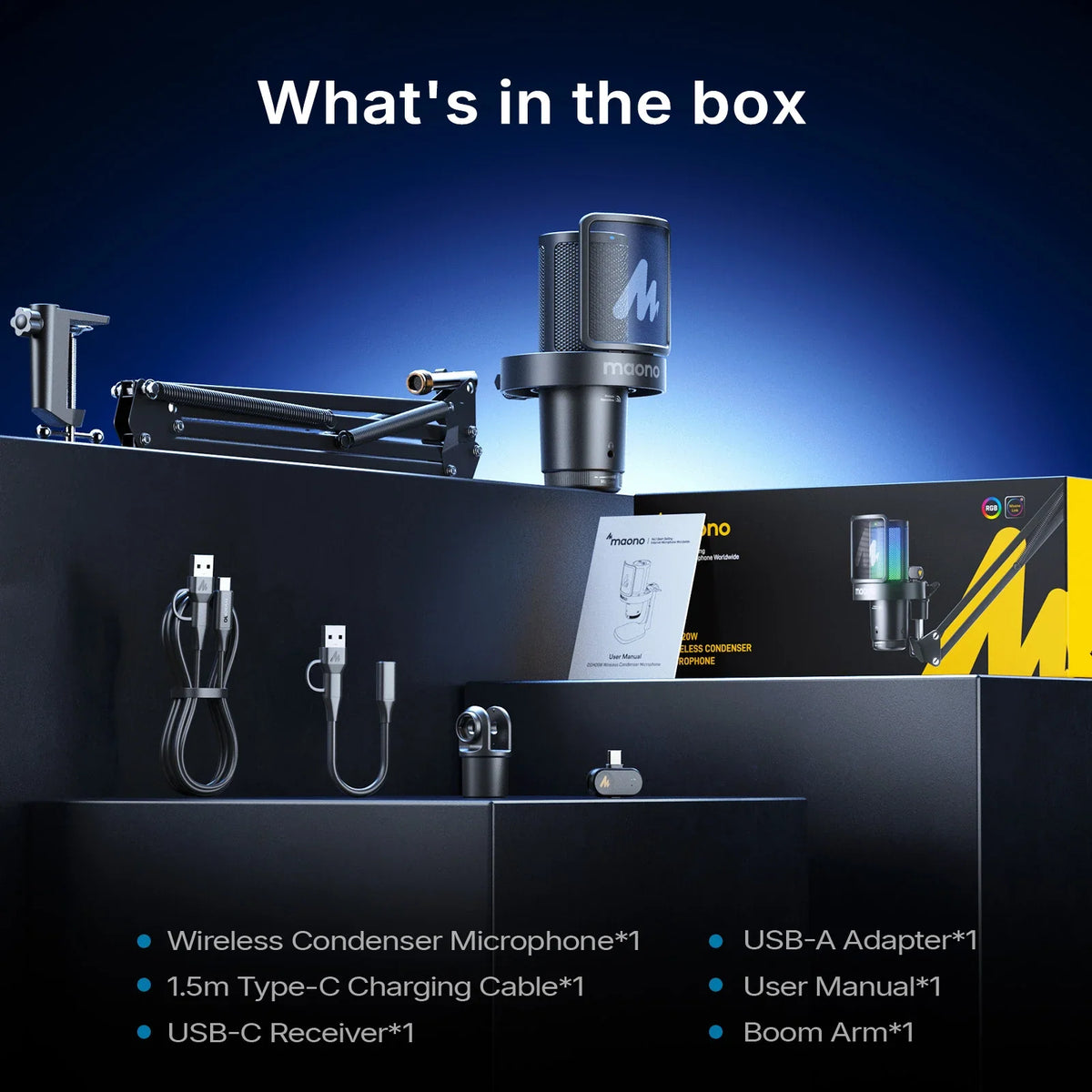 MAONO DGM20WS box contents: microphone, boom arm, USB-C receiver, USB-A adapter, cable and manual
