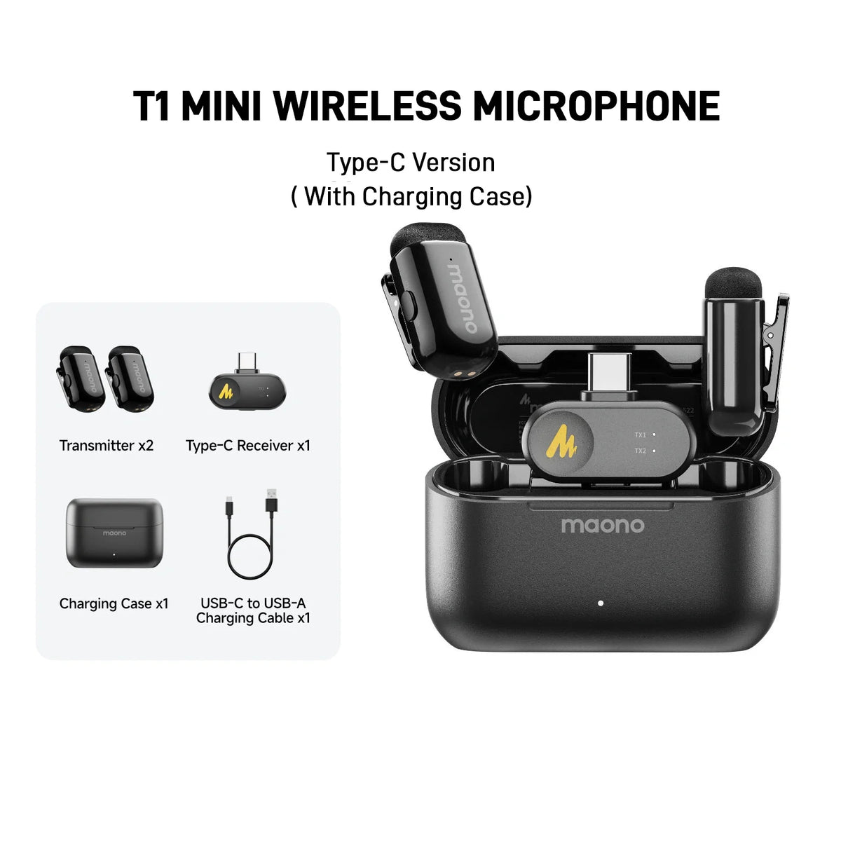 MAONO T1 Mini Type-C version with charging case, two transmitters, USB-C receiver and cable