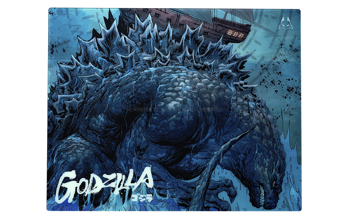 Godzilla 2.0 Shipwreck glass mousepad, top view, with Godzilla rising from blue water