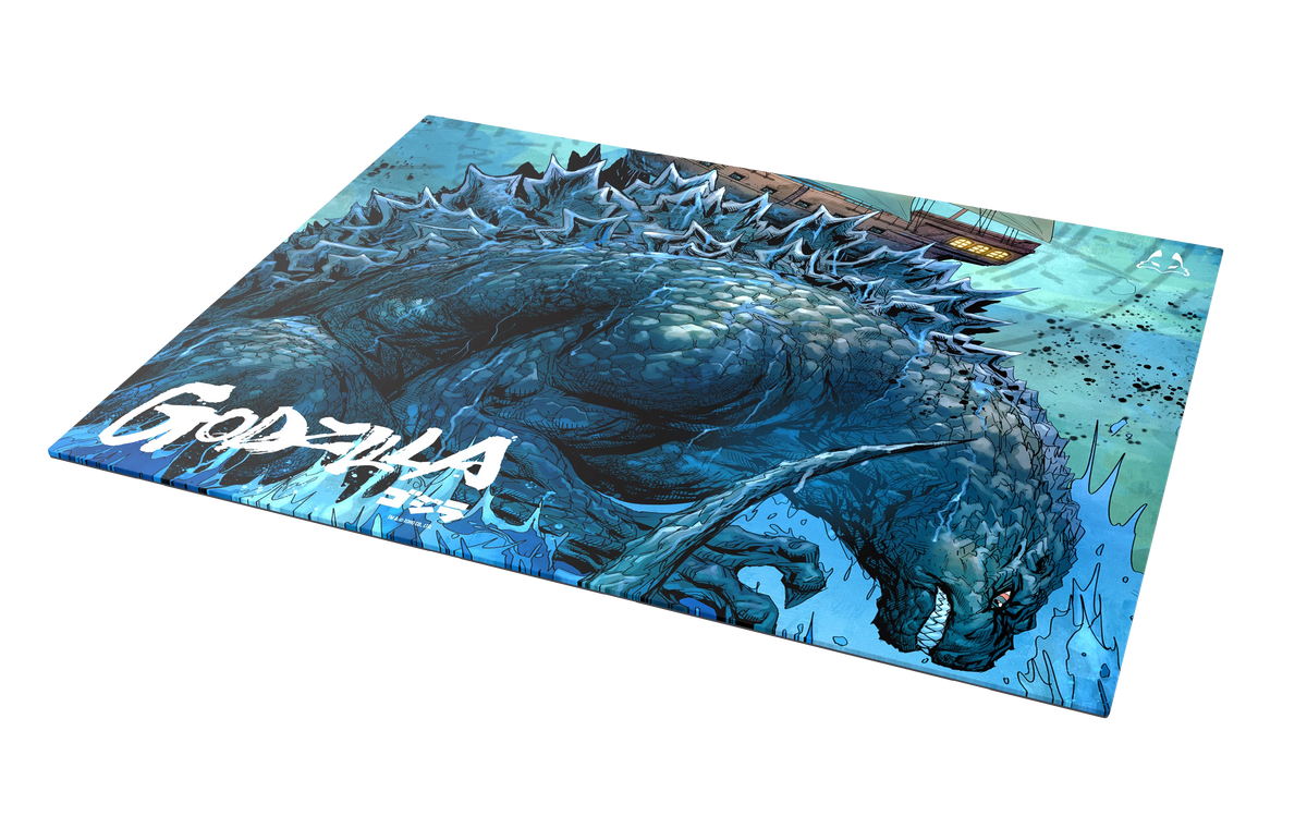 Godzilla 2.0 Shipwreck glass mousepad shown at an angle