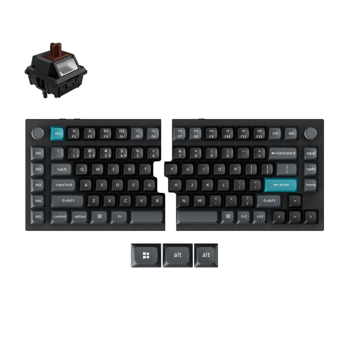 Keychron Q11 Ultra 8K split keyboard in Black with Silk POM Brown switch, top view