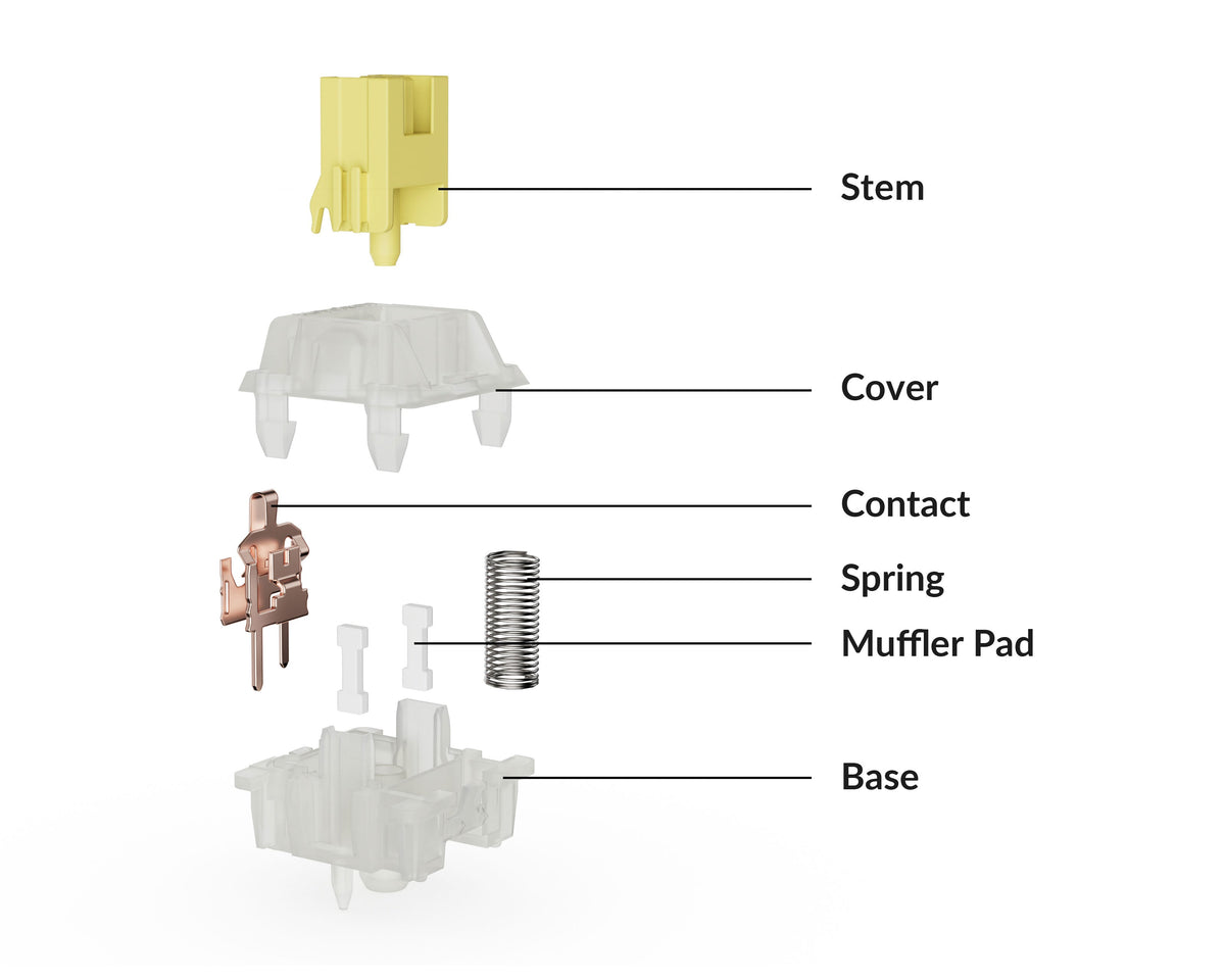 Exploded view of the Keychron Silent Banana switch: stem, cover, contact, spring, muffler pads and base