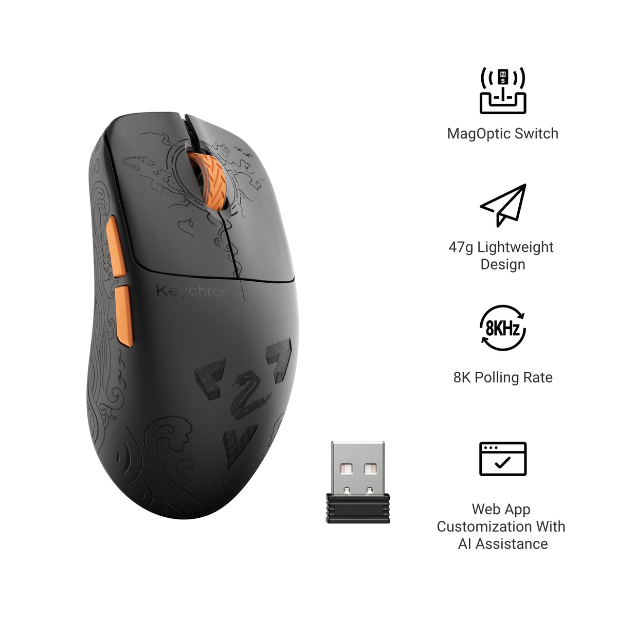 Keychron G3 HE in Black with icons for MagOptic switch, 47 g weight, 8 kHz polling and web app