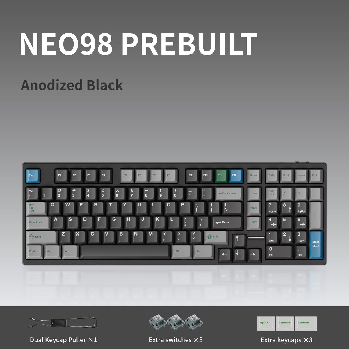 Neo98 prebuilt keyboard in Anodized Black, top view