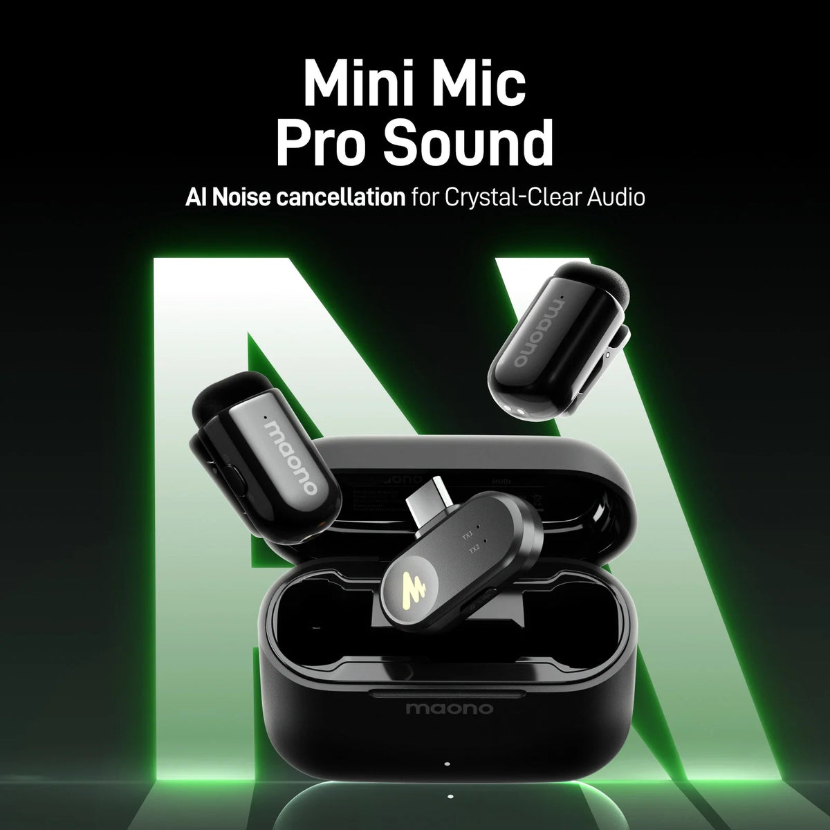 MAONO T1 Mini transmitters and USB-C receiver above the open charging case