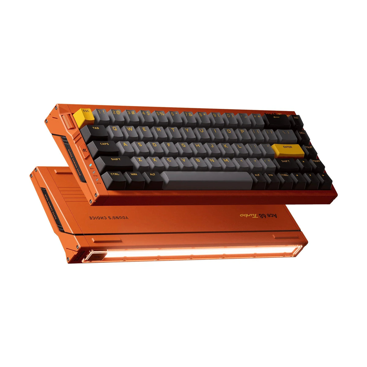 MCHOSE Ace 68 Turbo keyboard in Galaxy Orange, angled front and underside with light bar