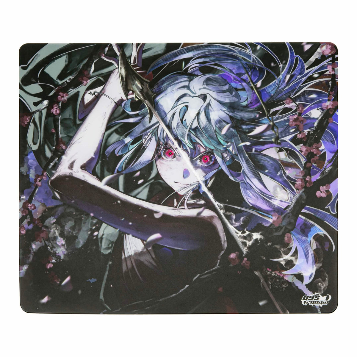Dysphoria SAYO glass mousepad, top view, with silver-haired swordswoman artwork