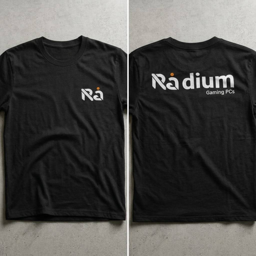Radium PCs black t-shirt, front with Ra chest logo and back with Radium Gaming PCs print