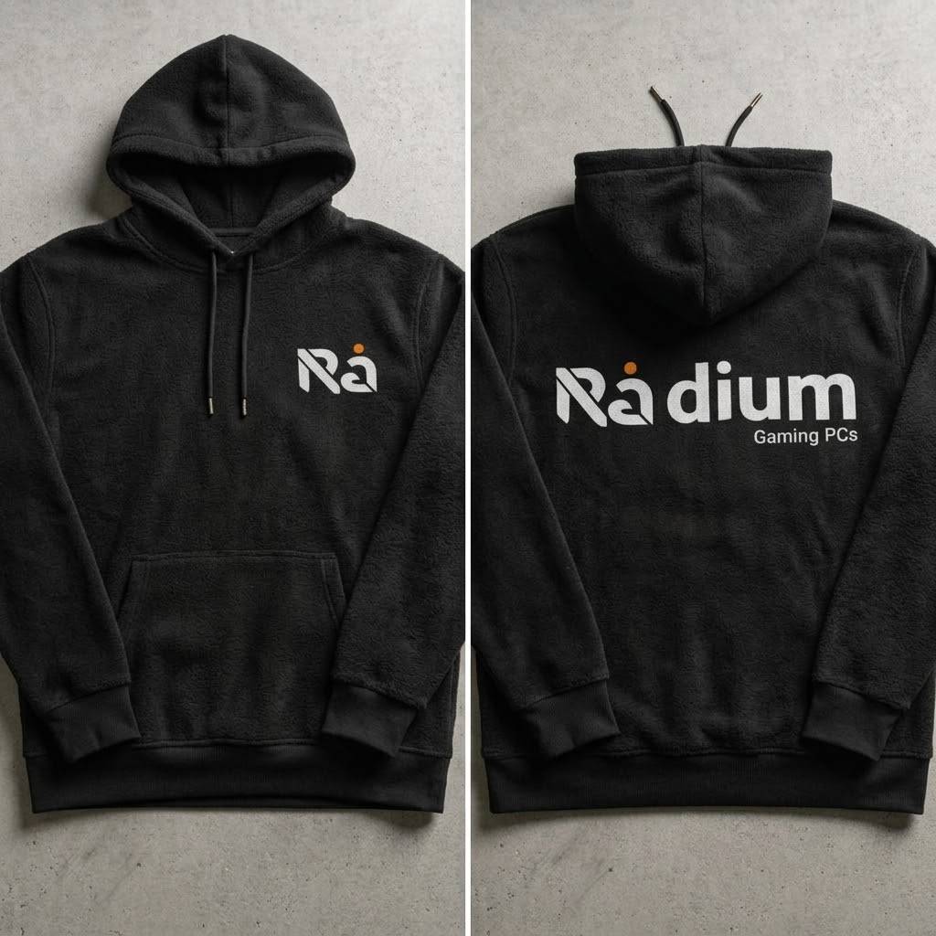 Radium PCs black hoodie, front with Ra chest logo and back with Radium Gaming PCs print