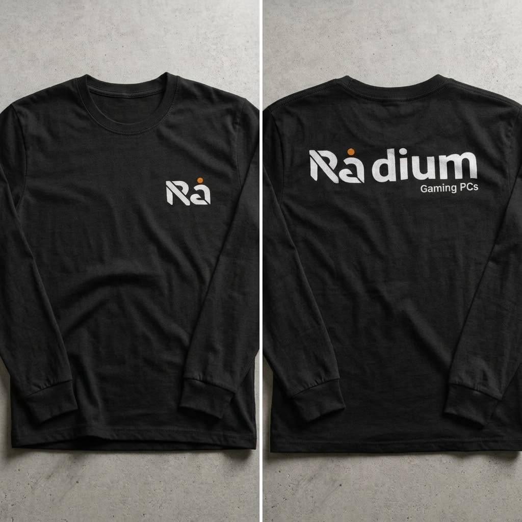 Radium PCs black long sleeve tee, front with Ra chest logo and back with Radium Gaming PCs print