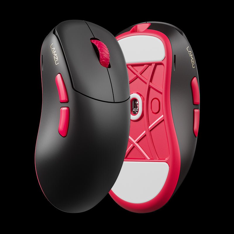 LAMZU Thorn V2 gaming mouse in Black Red, top and underside