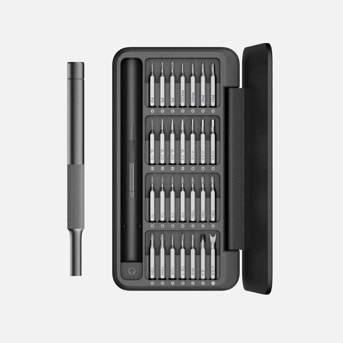 HOTO 28-in-1 Manual Precision Screwdriver Kit, open case with screwdriver