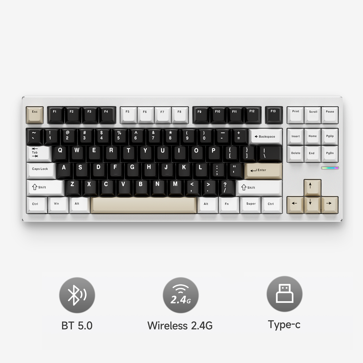 MCHOSE GX87S in Milky Brown with Bluetooth 5.0, 2.4 GHz and Type-C connection icons