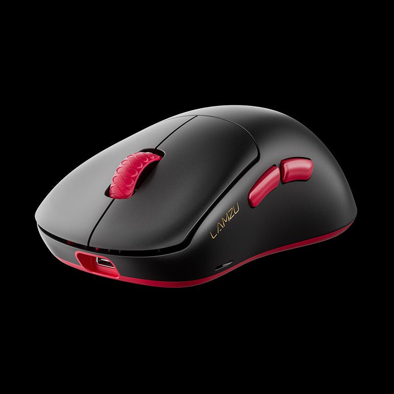 LAMZU Thorn V2 gaming mouse in Black Red, left side view