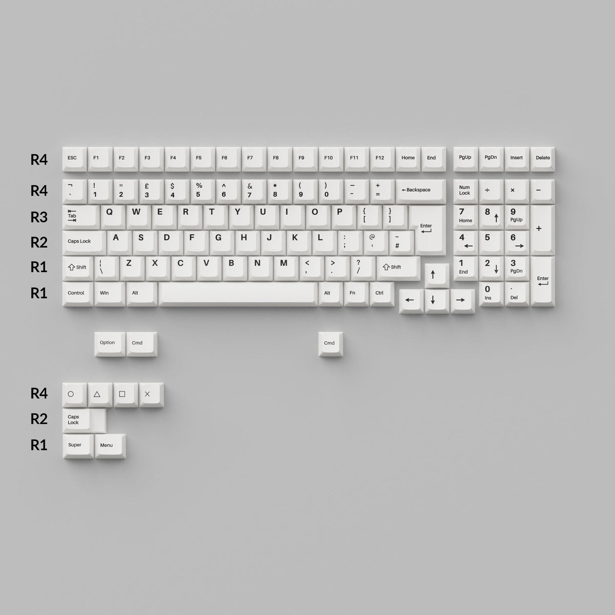 Black on White - Bow keycaps arranged in a 96% UK ISO layout