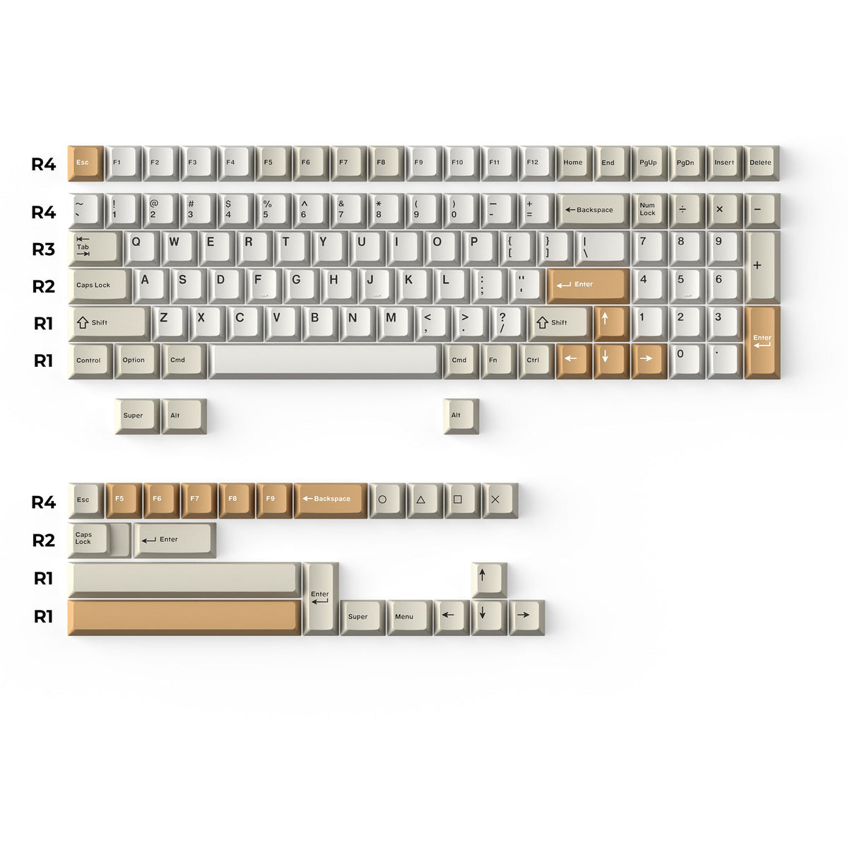 Camel keycaps arranged in a 96% layout, labelled by Cherry profile row