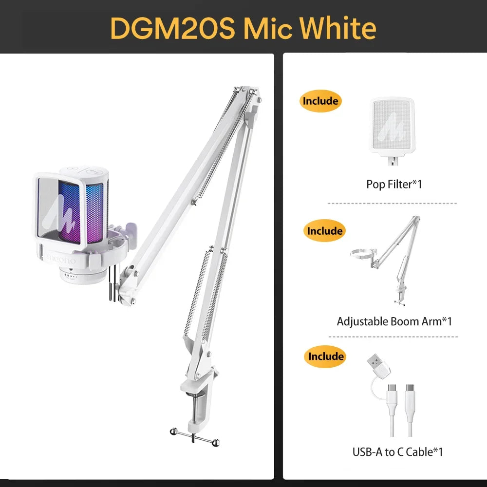 MAONO DGM20S set in White: microphone, boom arm, pop filter and USB-A to C cable
