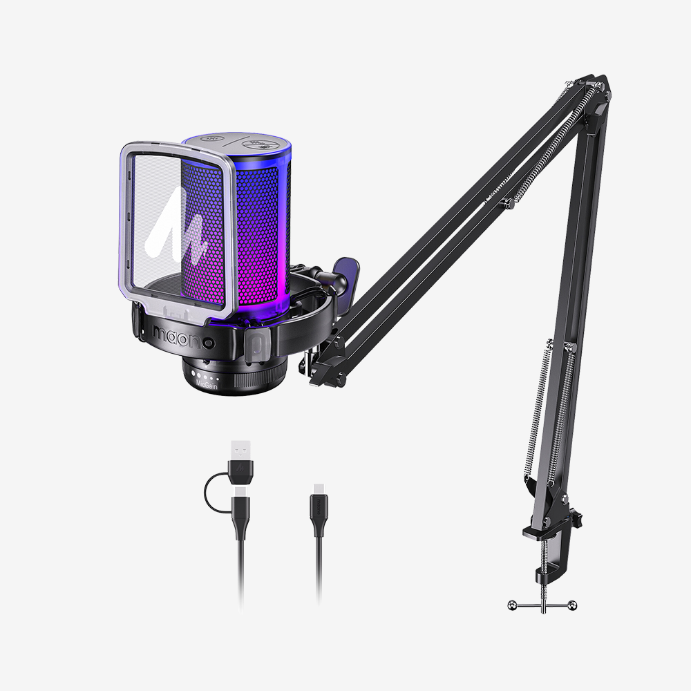 MAONO DGM20S microphone in Black on its boom arm with USB cable