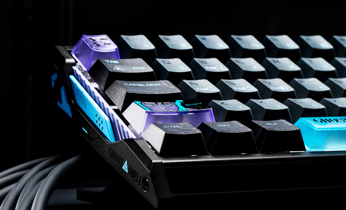 Close-up of the Cyber Blue themed keycaps