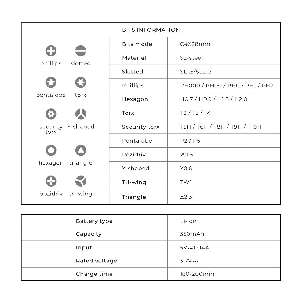 HOTO electric precision screwdriver bit chart and battery details