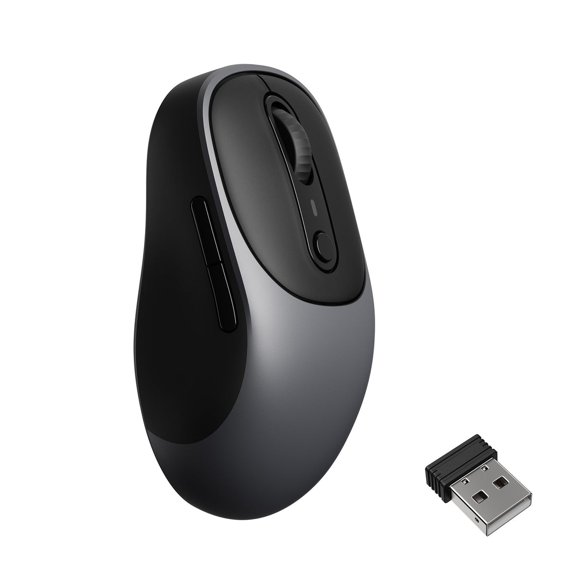 Keychron BM24 Wireless Mouse in Metal Gray with USB receiver, angled top view