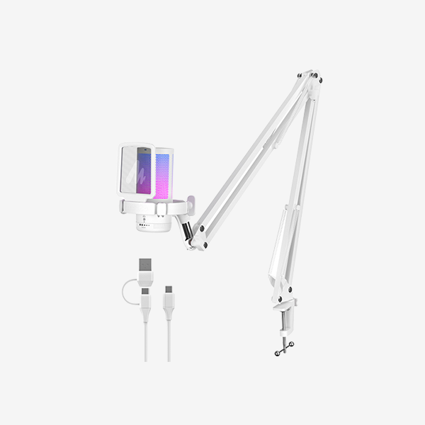 MAONO DGM20S microphone in White on its boom arm, front view
