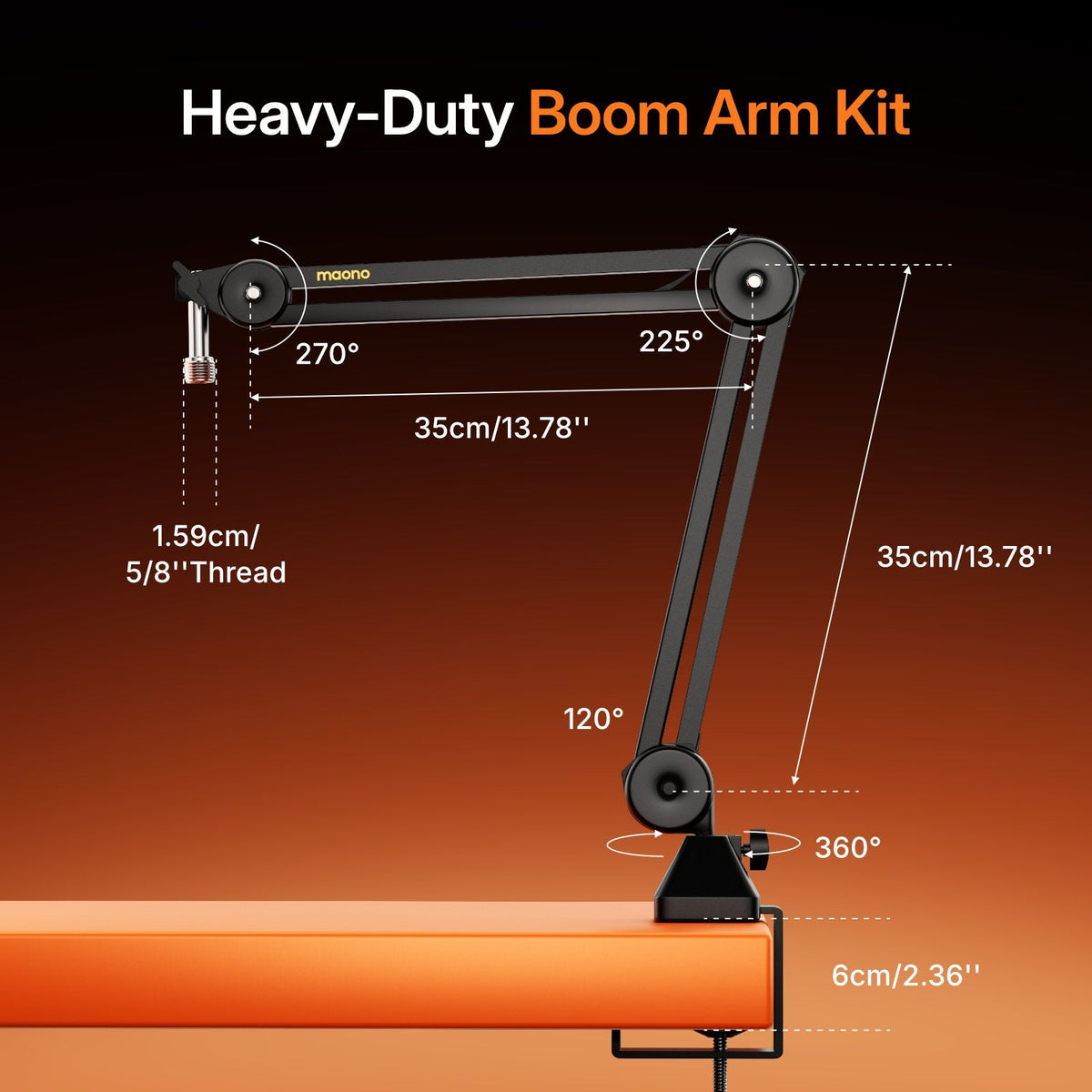MAONO boom arm dimensions and rotation angles