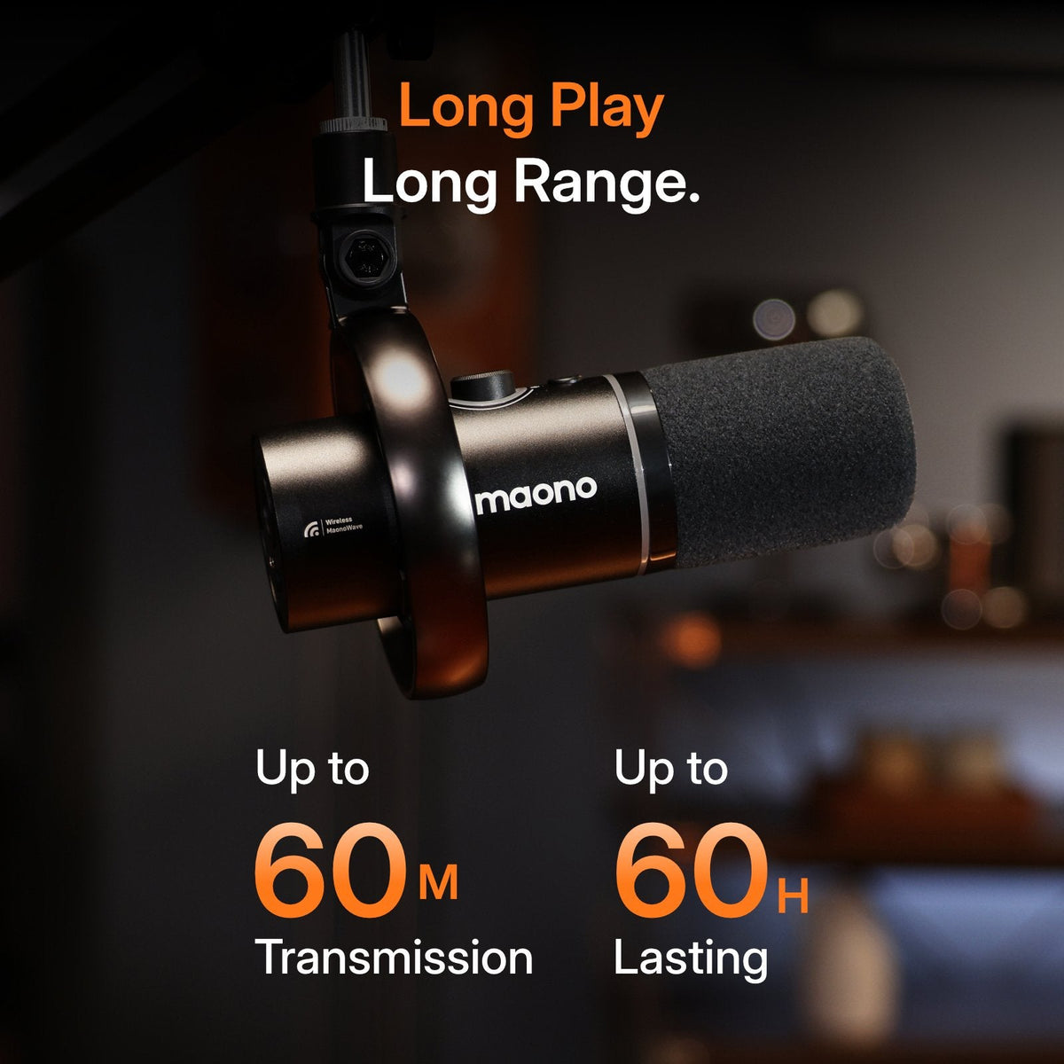 MAONO PD200W on a boom arm, up to 60 m transmission and 60 hours battery