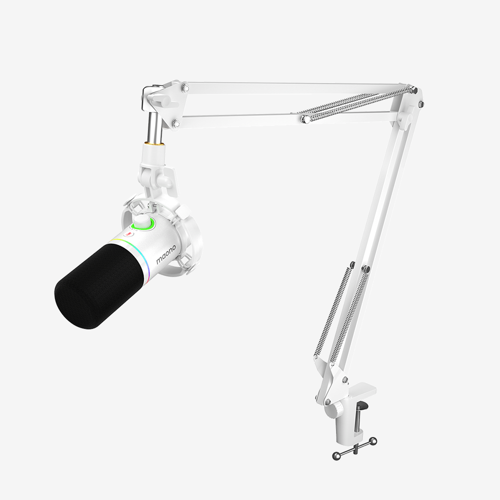 MAONO PD200XS dynamic microphone in White on its white boom arm