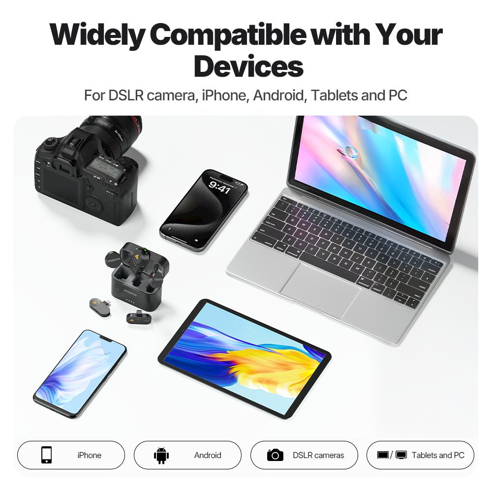 MAONO T5 with the camera, phones, tablet and laptop it works with
