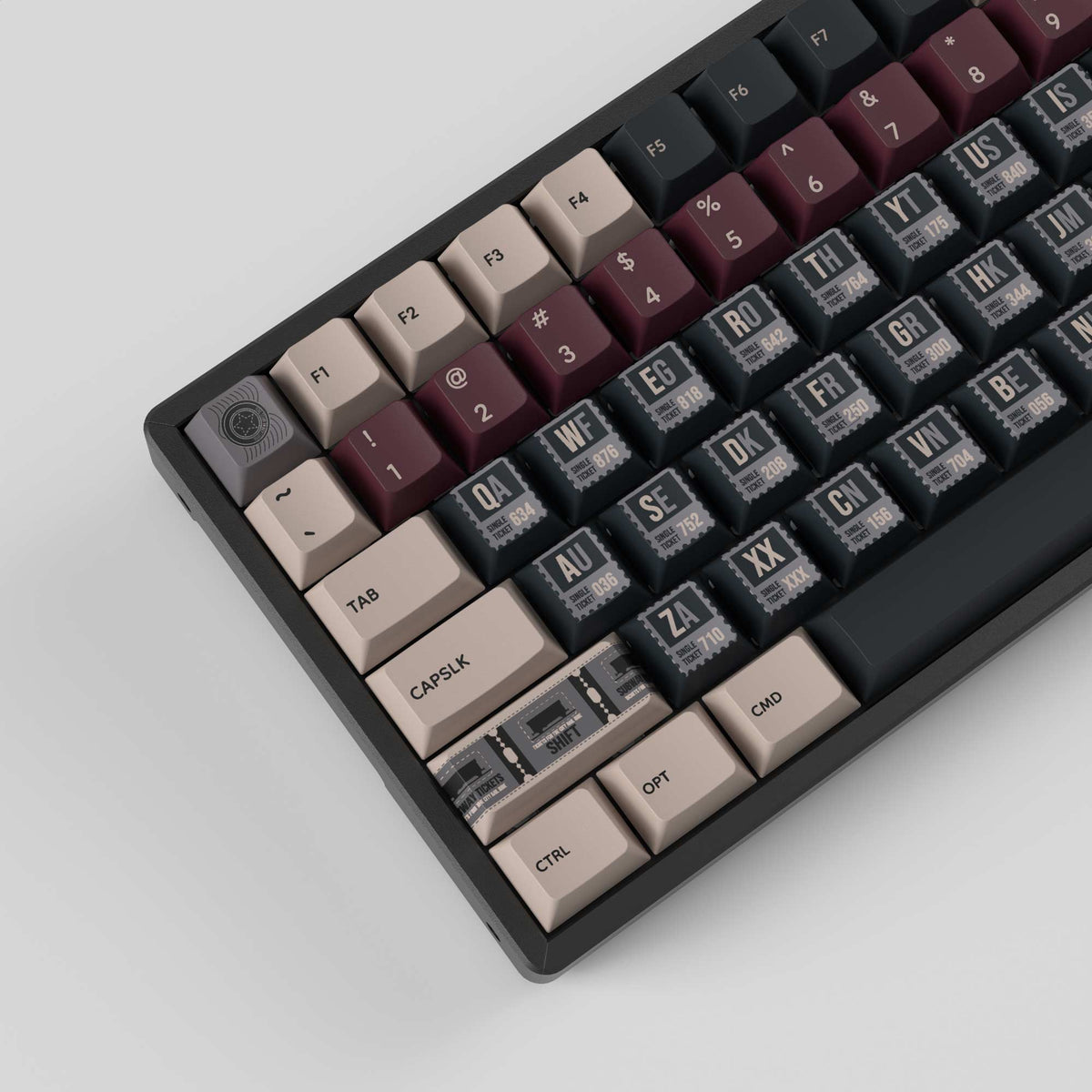 Vintage Stamp keycaps fitted to a keyboard, left side close-up