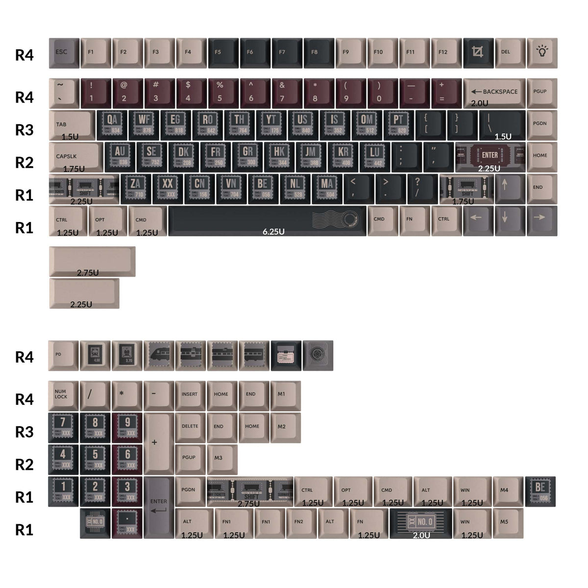 Vintage Stamp keycap chart showing every key with its size and row
