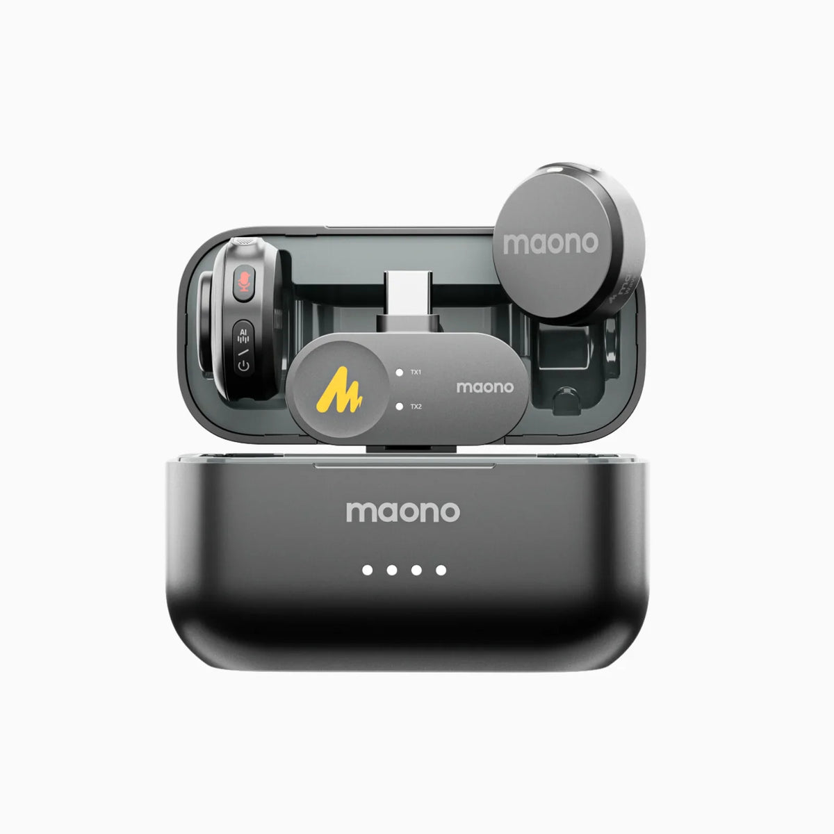 MAONO T5 transmitters and receiver in the open charging case