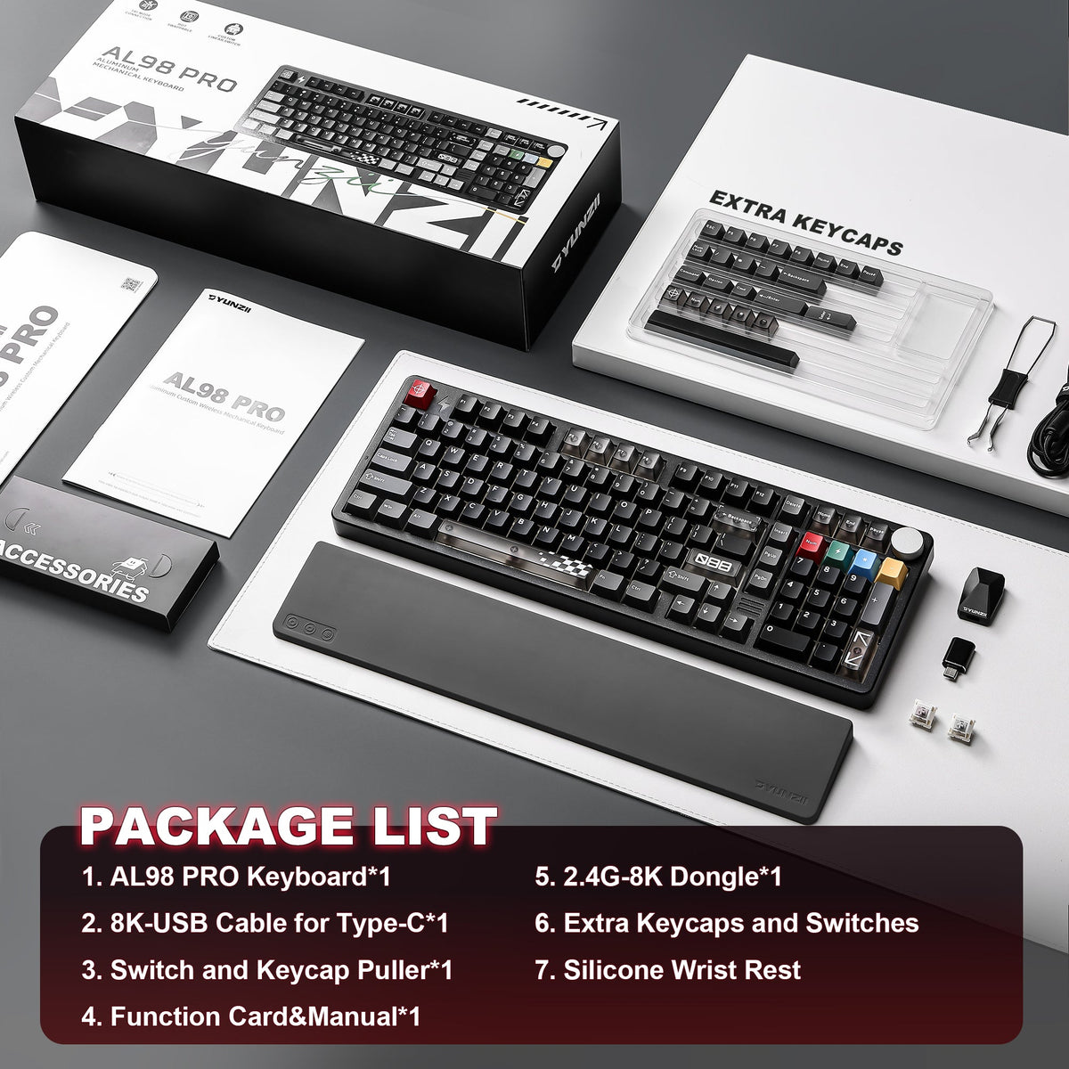 YUNZII AL98 Pro box contents: keyboard, silicone wrist rest, cable, 8K dongle, puller, extra keycaps and switches