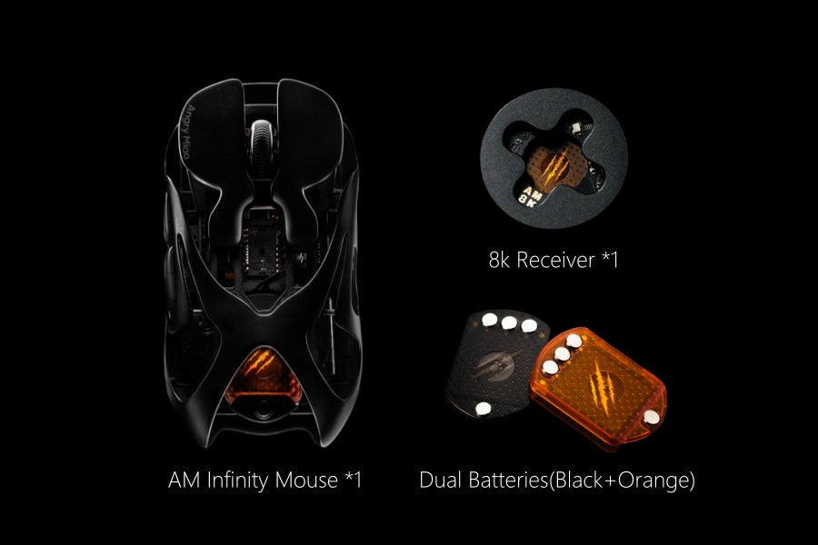 AM Infinity Mouse Basalt Black with its receiver and black and orange batteries