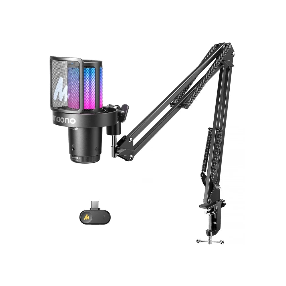 MAONO DGM20WS wireless microphone on its boom arm with USB-C receiver