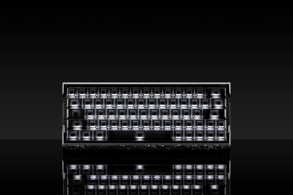 IQUNIX EV63 in Dark Knight with smoky translucent keycaps, front view