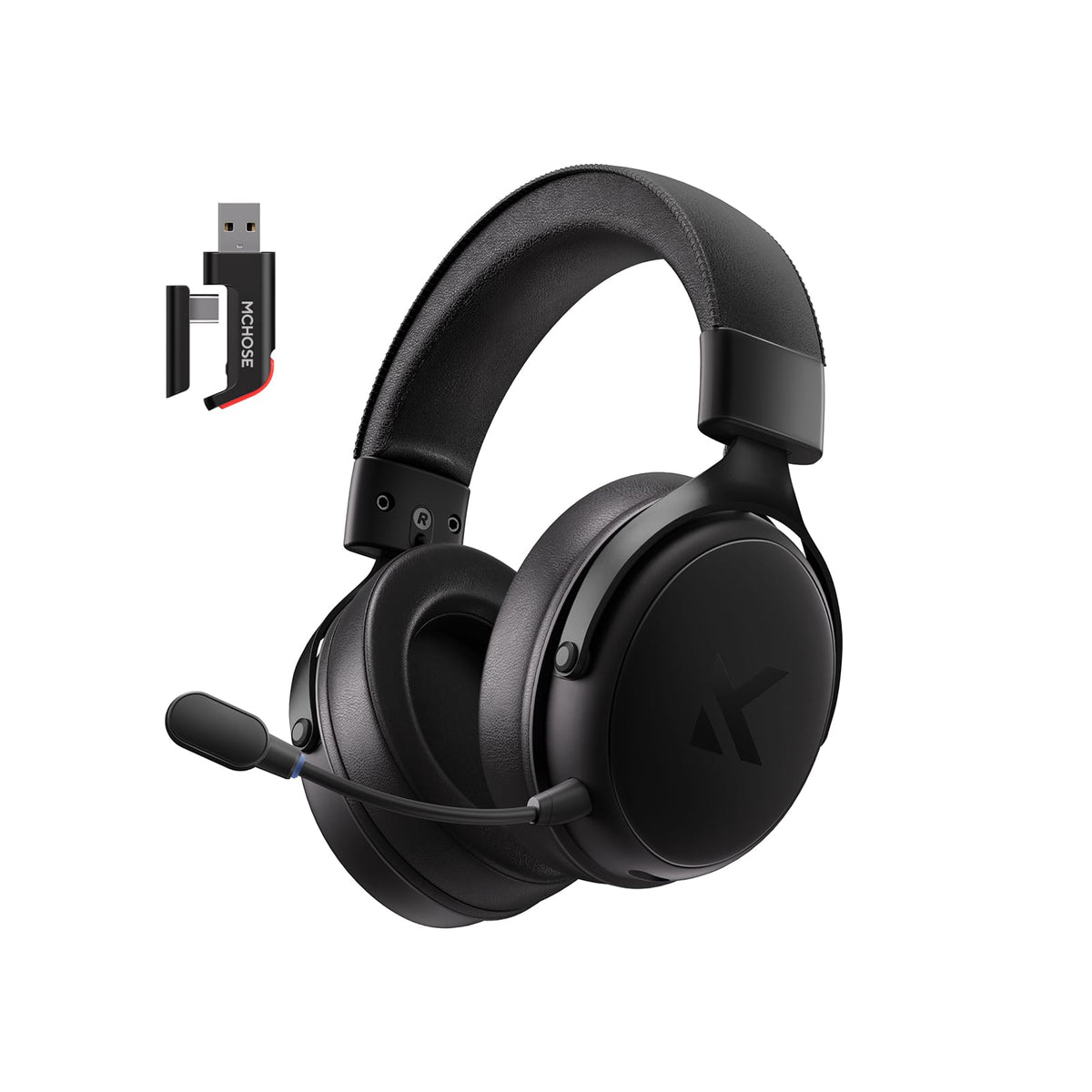 MCHOSE V9 Pro gaming headset in Steel Black with 2.4 GHz receiver, angled view