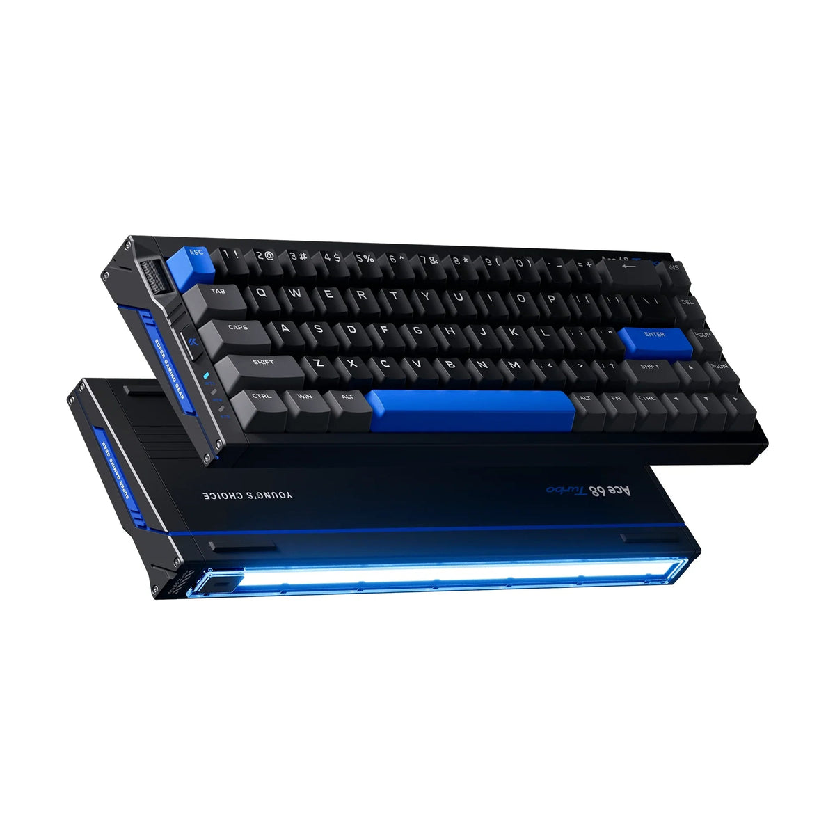 MCHOSE Ace 68 Turbo keyboard in Cyber Black, angled front and underside with light bar