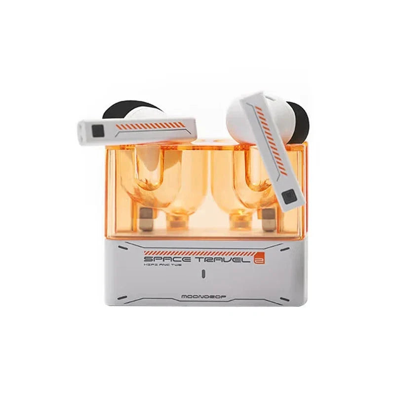 MOONDROP Space Travel 2 in White-Orange, earbuds on case