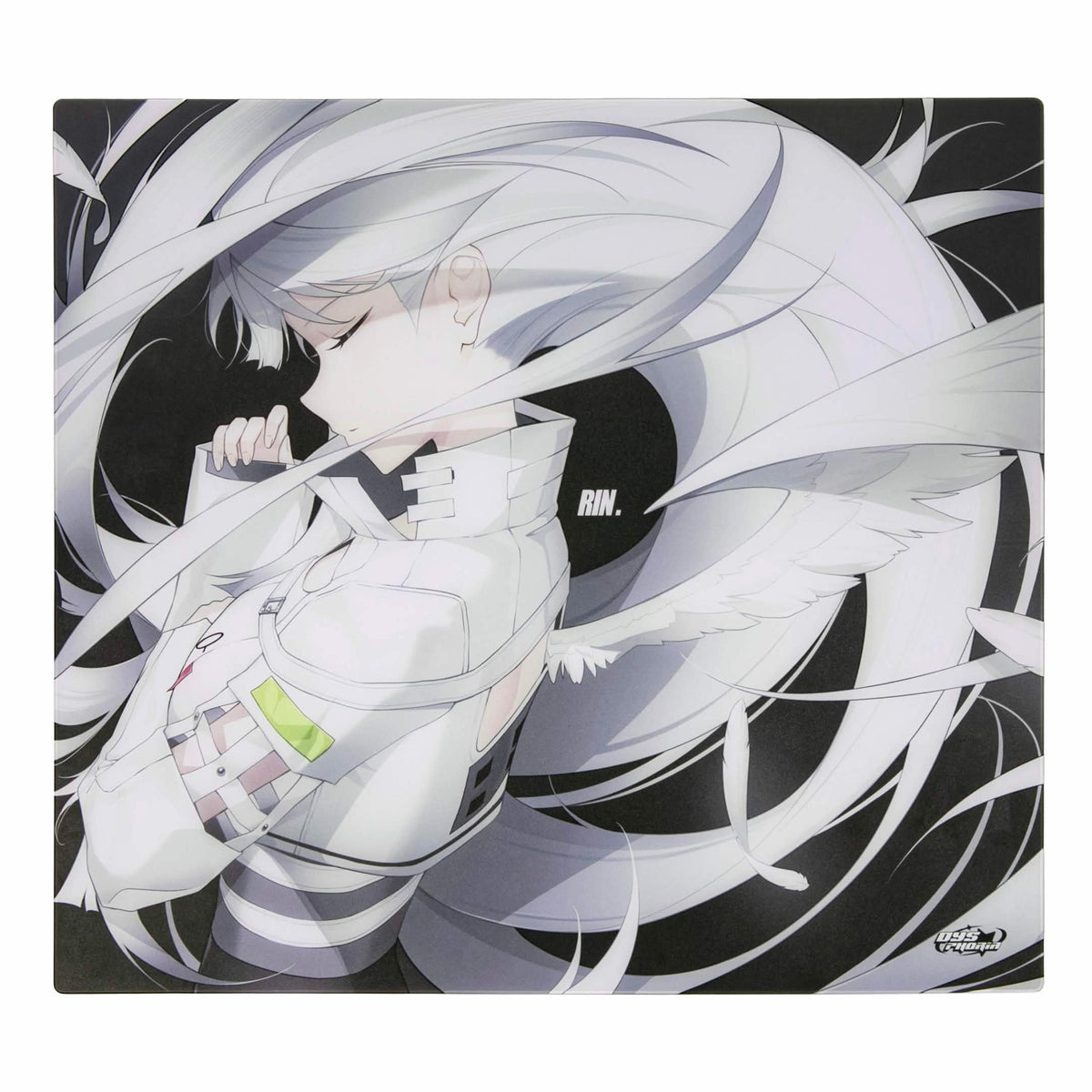 Dysphoria RIN Black glass mousepad, top view, with white-haired winged character artwork