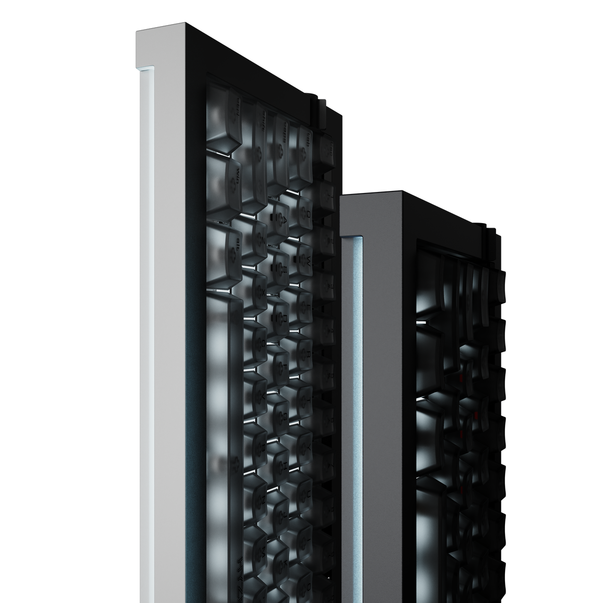 Lofree Hyzen67 keyboards in Silver and Space Gray showing the light bar in the base