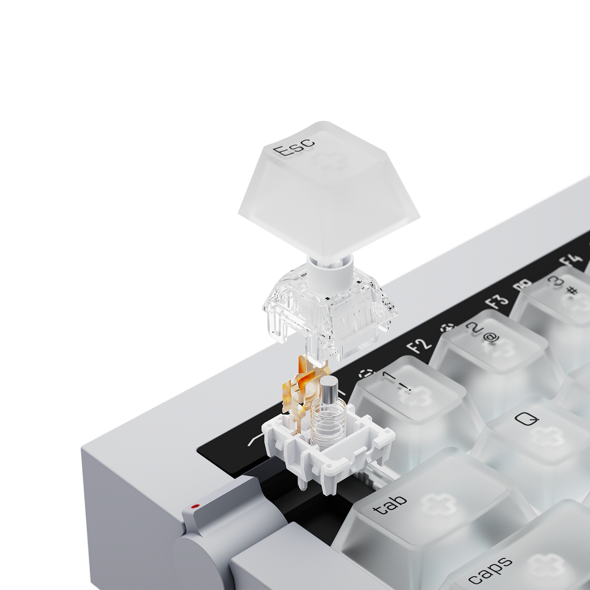 Close-up of a Nexus switch and transparent keycap on the Lofree Hyzen67 in Silver